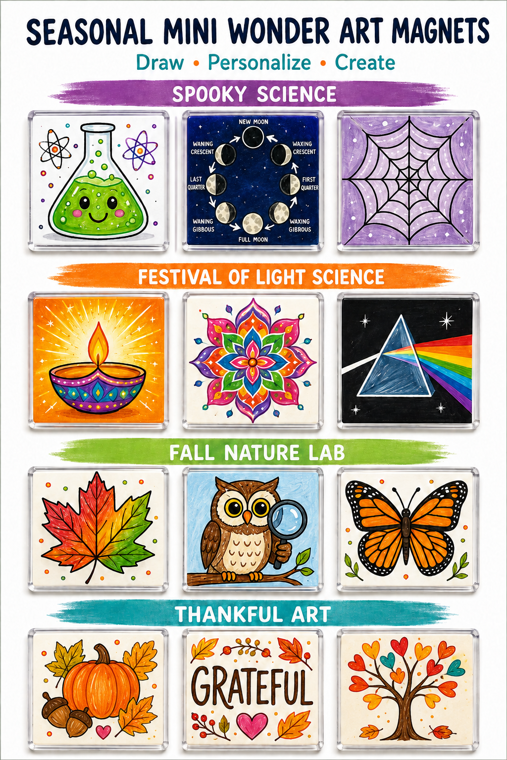 Seasonal mini art magnets with space, fall, festival, thankful and spooky designs