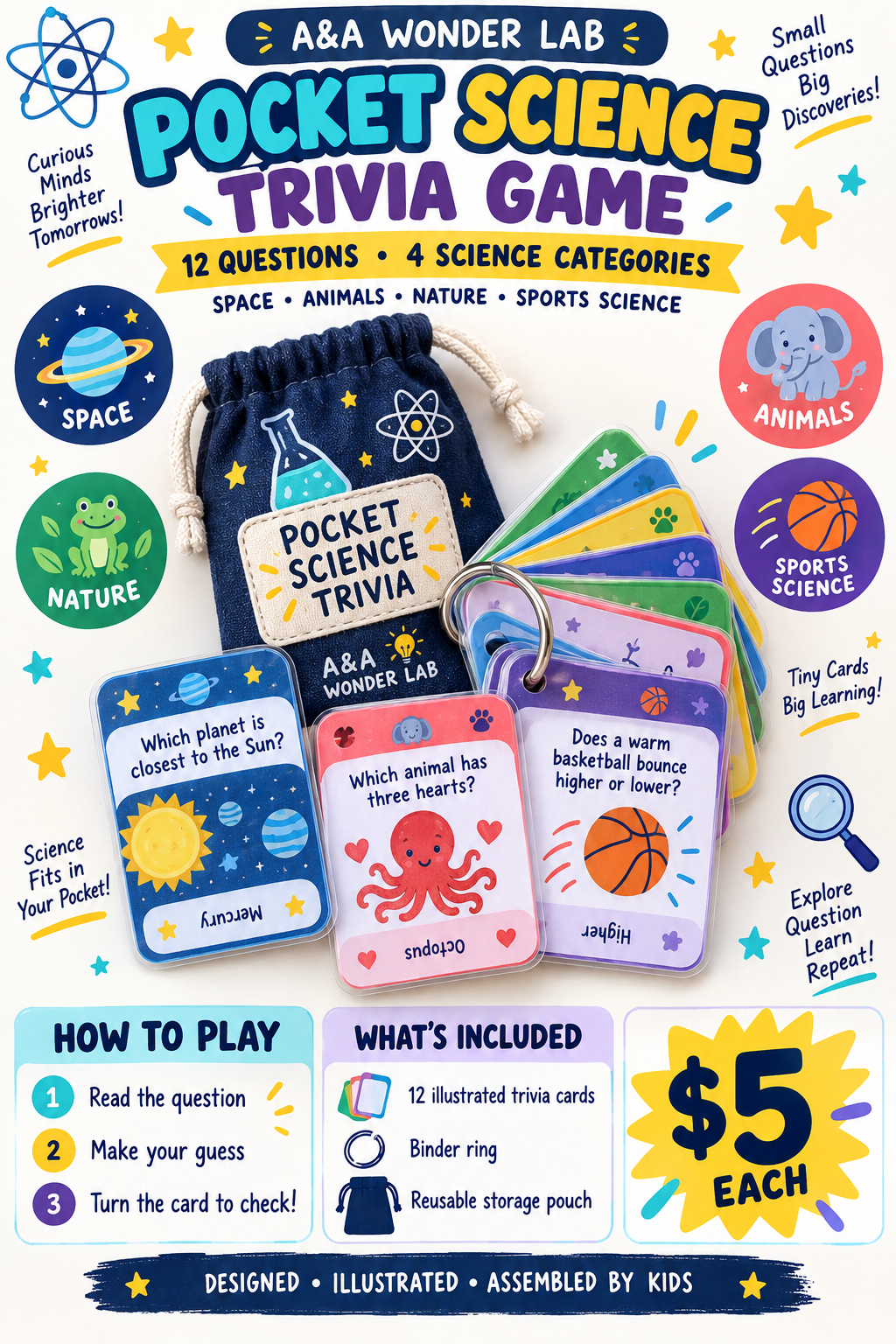 Pocket Science Trivia game with colorful question cards on a binder ring and a blue pouch