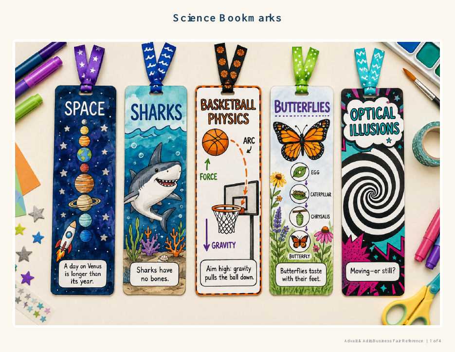 Five science bookmarks featuring space, sharks, basketball physics, butterflies and optical illusions